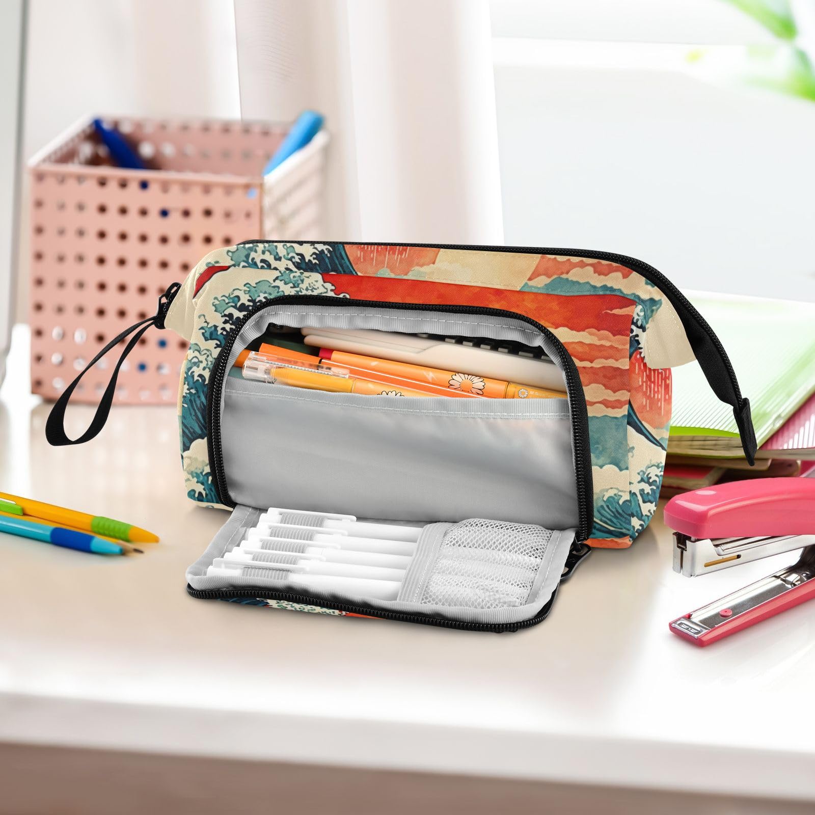 YMGQYJ Pencil Case Japanese Wave Sunset Pattern, Large Capacity Stationery Organizer Pencil Pouch Bag for Office Travel 1 Pack 9.4x3.7x5.9 in