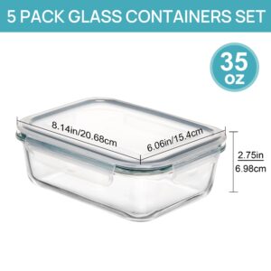 Vtopmart 5 Pack 35oz Glass Food Storage Containers with Lids, Meal Prep Containers, Airtight Reusable Lunch Container Set, Safe for Oven, Microwave, Freezer, and Dishwasher