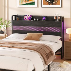 Aheaplus Headboard for Full Size Bed with USB Ports, Outlets and LED Lights, Full Headboard with Storage Shelf, Sturdy Metal Frame, Height Adjustable, Bed Frame Mount, Black