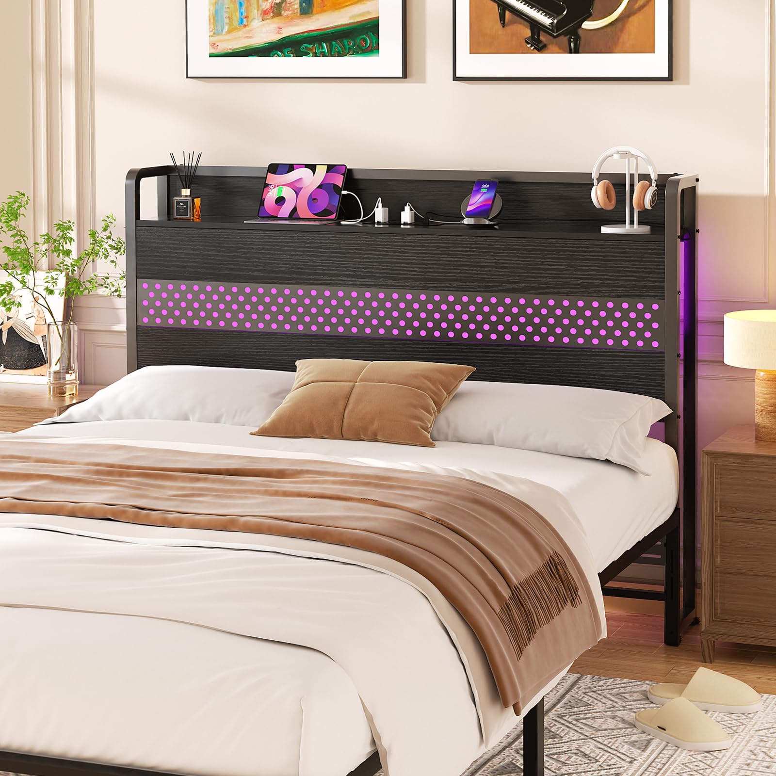 Aheaplus Headboard for Full Size Bed with USB Ports, Outlets and LED Lights, Full Headboard with Storage Shelf, Sturdy Metal Frame, Height Adjustable, Bed Frame Mount, Black