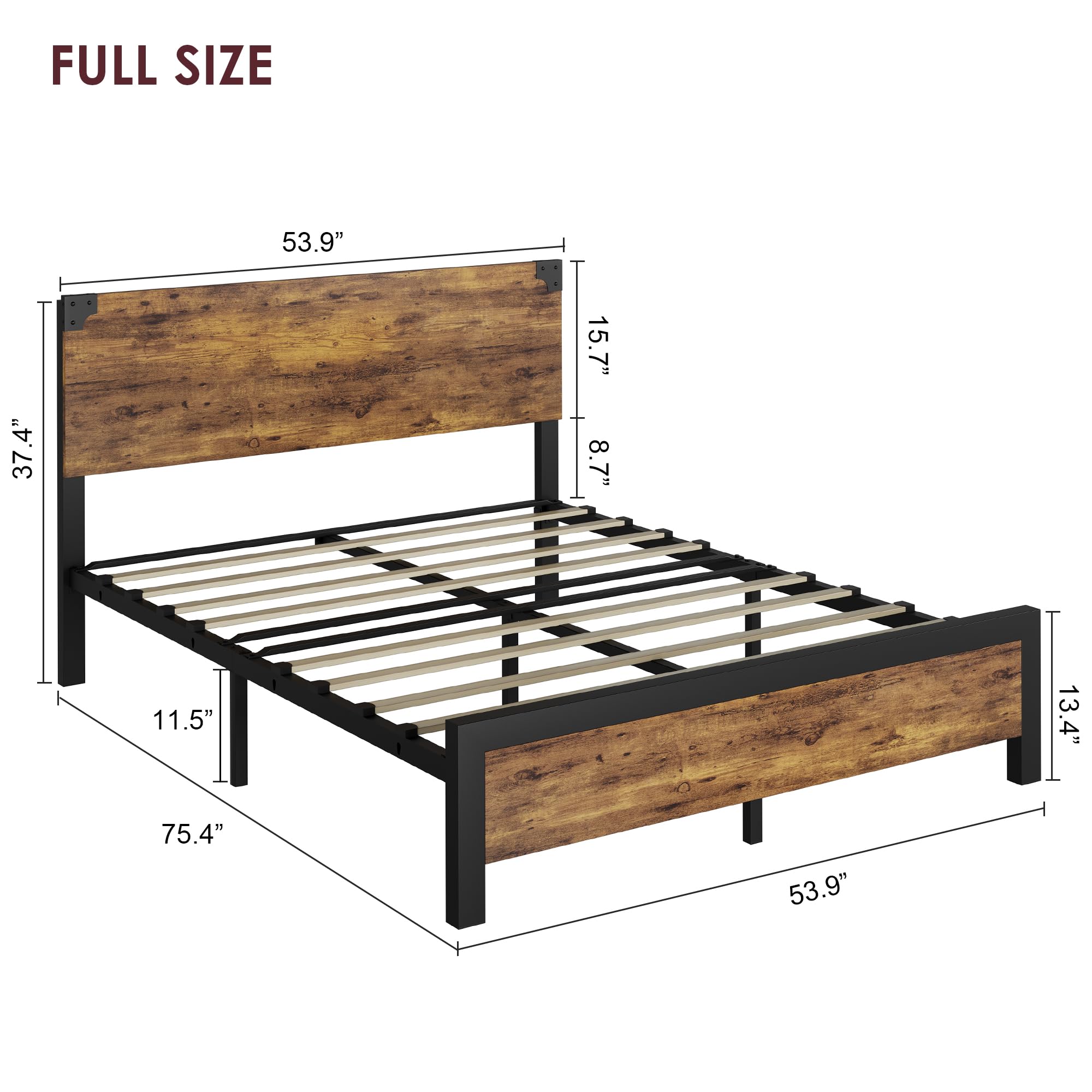 GAOMON Full Bed Frame, Platform Full Size Bed Frame with Wood Headboard, Metal Full Bed Frame with Under Bed Storage and Support Legs, Noise Free, No Box Spring Needed, Easy Assembly-Rustic Brown