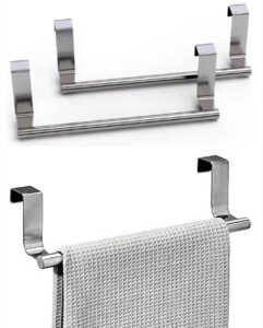 ruibaoly stainless steel over door towel rack bar holders for universal fit on over cabinet cupboard doors ，9.2" wide - 2 pack(silver)