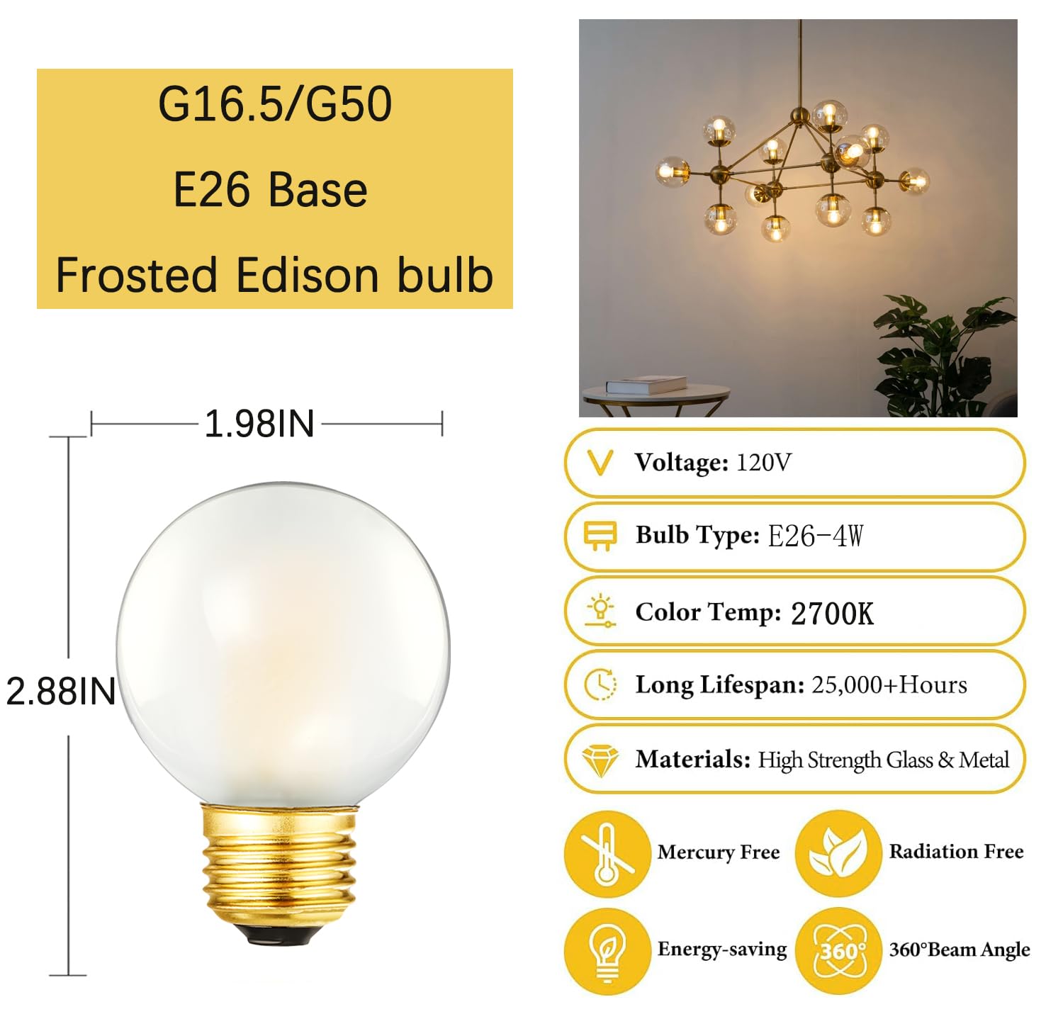 HOMOSUM Dimmable 40W g16.5 Frosted Edison Bulb - 2700K 4W e26 Globe Bulb for Ceiling Fans, Chandeliers, Vanity Lights -400lm,AC120V,G50, 6Pack (4W-2700K)