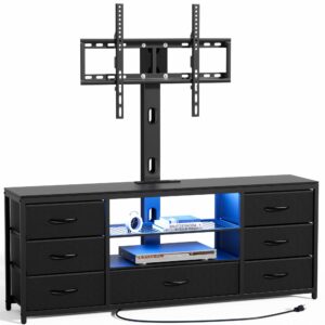 tv stand with mount and 7 fabric drawers, led entertainment center with power outlets for 32 45 55 60 65 70 inch tvs, black dresser with open shelves media console cabinet for living room bedroom