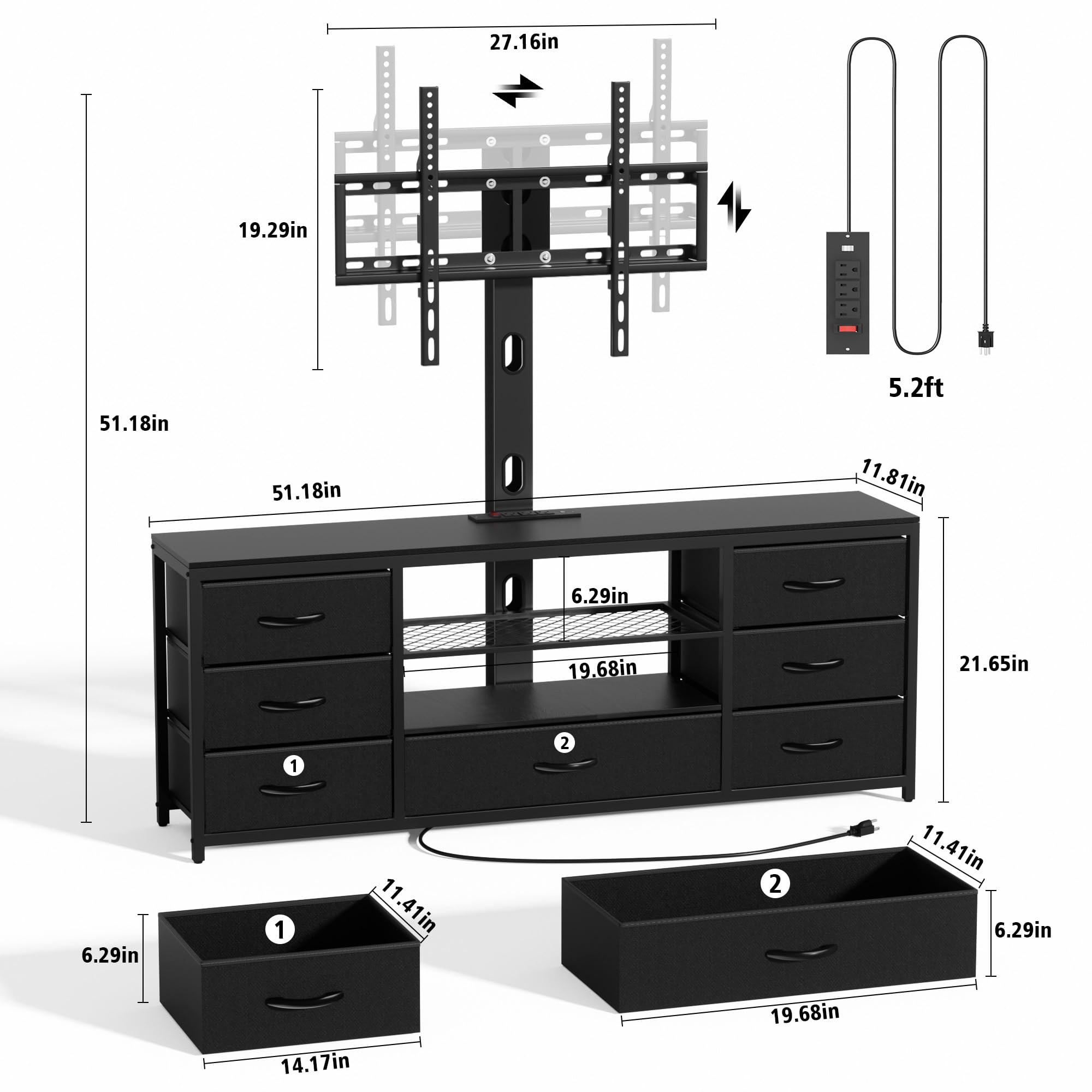 TV Stand with Mount and 7 Fabric Drawers, Led Entertainment Center with Power Outlets for 32 45 55 60 65 70 inch TVs, Black Dresser with Open Shelves Media Console Cabinet for Living Room Bedroom