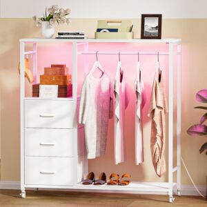 lakemid dresser with hanging rack, cute wardrobe dresser with charging station and led lights, white dresser with 3 drawers and 2 tier shelves, for hallway, tv stand use