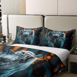 Manfei White Tiger 100% Cotton Duvet Cover(No Comforter),Mystic African Wild Animal Bedding Set with 2 Pillowcases,Jungle Botanical Trees Leaves Rustic Quilt Cover,King Size