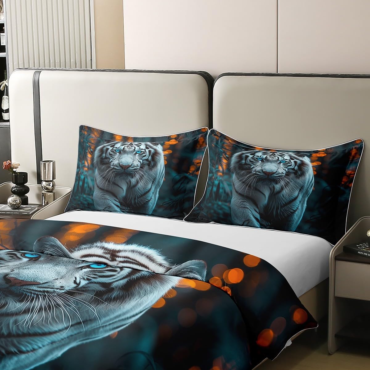 Manfei White Tiger 100% Cotton Duvet Cover(No Comforter),Mystic African Wild Animal Bedding Set with 2 Pillowcases,Jungle Botanical Trees Leaves Rustic Quilt Cover,King Size