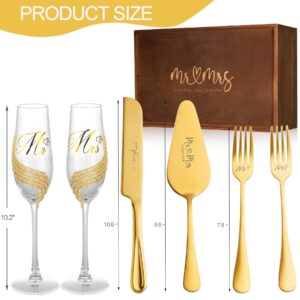 VARLKA Wedding Cake Knife and Server Set, Gold Mr and Mrs Champagne Flutes and Cake Cutting Set for Wedding Bridal Shower Gifts (Gold)