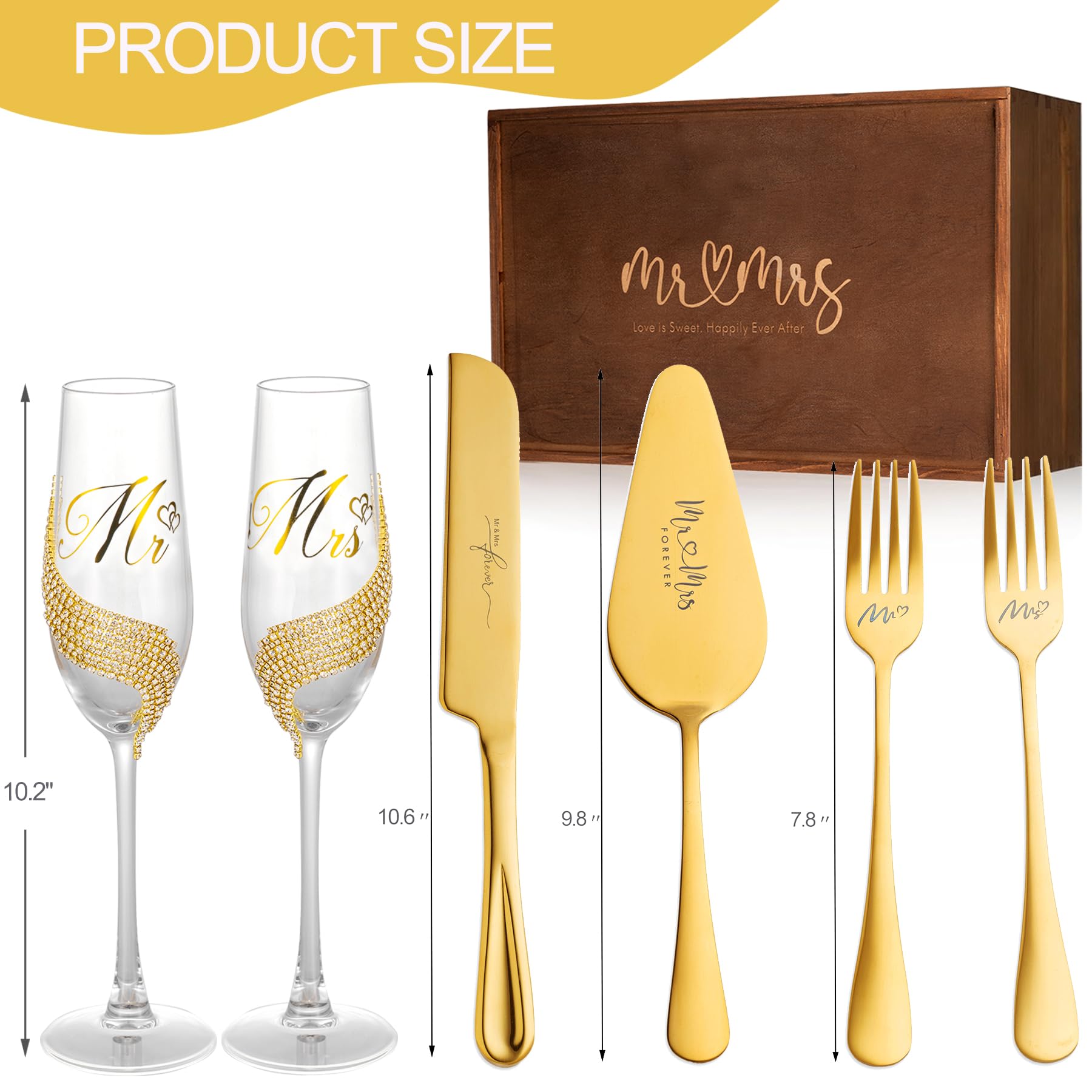 VARLKA Wedding Cake Knife and Server Set, Gold Mr and Mrs Champagne Flutes and Cake Cutting Set for Wedding Bridal Shower Gifts (Gold)