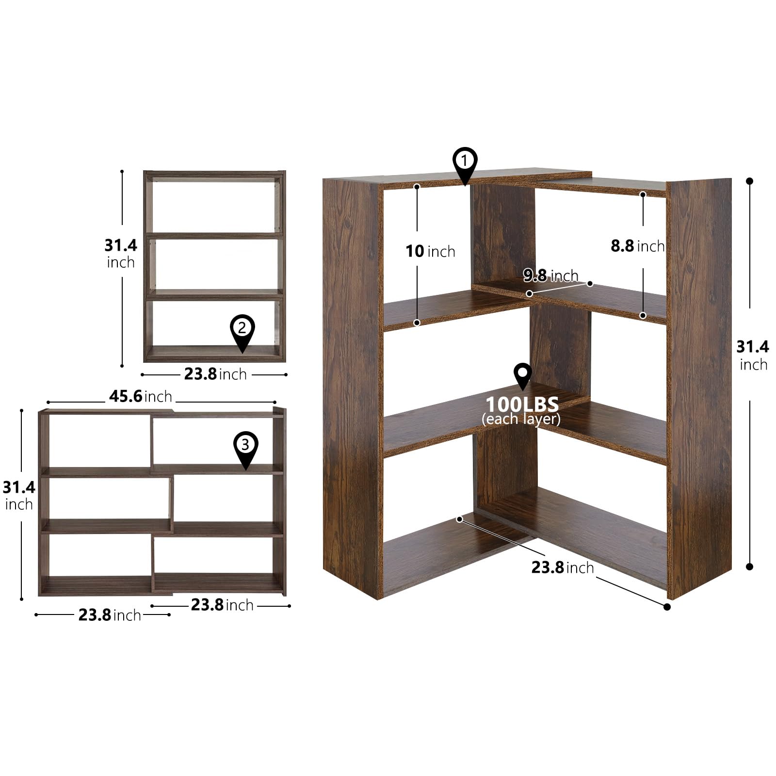 VASTATIO Book Shelf, 4 Tier Expandable Bookcase, Large Corner Bookshelves with 6 Storage Units, Can be Used in Small Spaces or Corners, Suitable for Home, School and Commercial use (Brown)