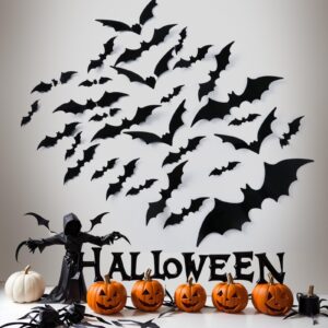 toeksix 170pcs halloween decoration bats wall decor in 6 sizes, realistic 3d pvc black waterproof scary bat sticker for creepy home decor diy wall decal bathroom indoor halloween party decorations