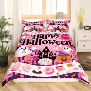 Kawaii Halloween Ghost Duvet Cover Set Full Size,Pink Lovely Cute Ghost Pumpkin Comforter Cover with 2 Pillowcases,Cartoon Dessert Style Happy Holiday Breathable Quilt Cover Set(Not Comforter)