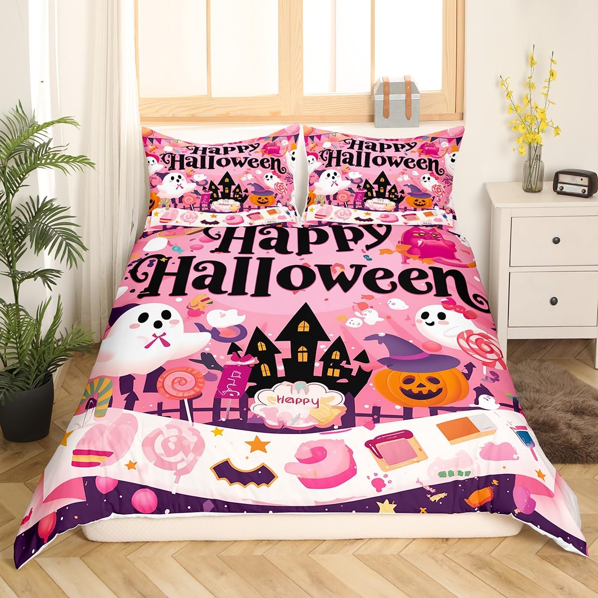 Kawaii Halloween Ghost Duvet Cover Set Full Size,Pink Lovely Cute Ghost Pumpkin Comforter Cover with 2 Pillowcases,Cartoon Dessert Style Happy Holiday Breathable Quilt Cover Set(Not Comforter)