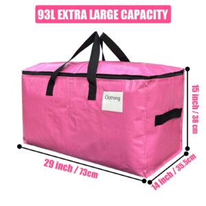 4 Pack Extra Large Moving Bags with Zippers & Carrying Handles, Heavy-Duty Storage Tote Moving Boxes for Moving, Storage, Camping and Travel 93L (Pink, 4 Pack)