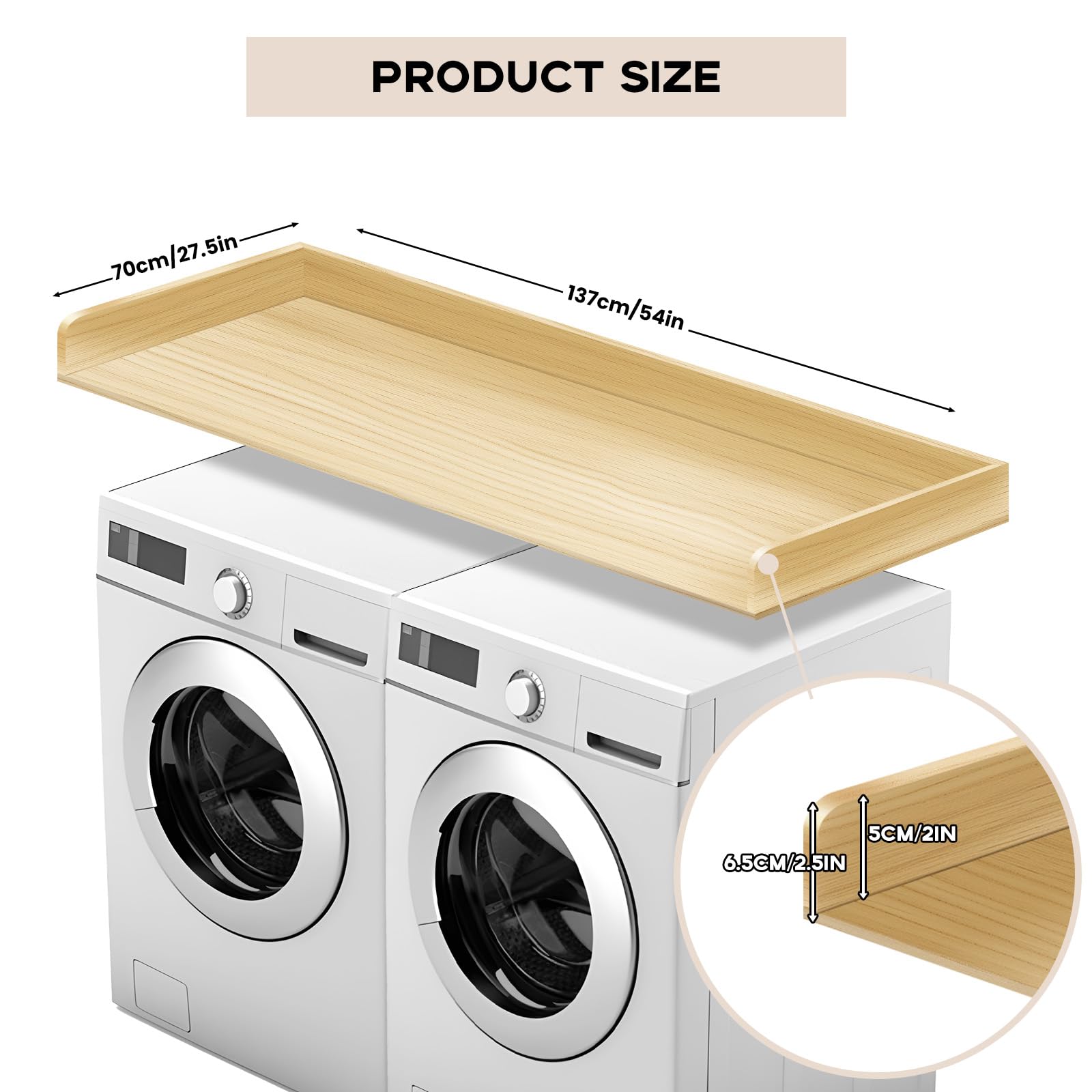 automoris Washer Dryer Countertop,Melamine Laundry Countertop with Edge Rails,27.5" W x 54" L Washer Dryer Shelf,Table Top for Washer and Dryer, Washer Dryer Work Surface (Oak)