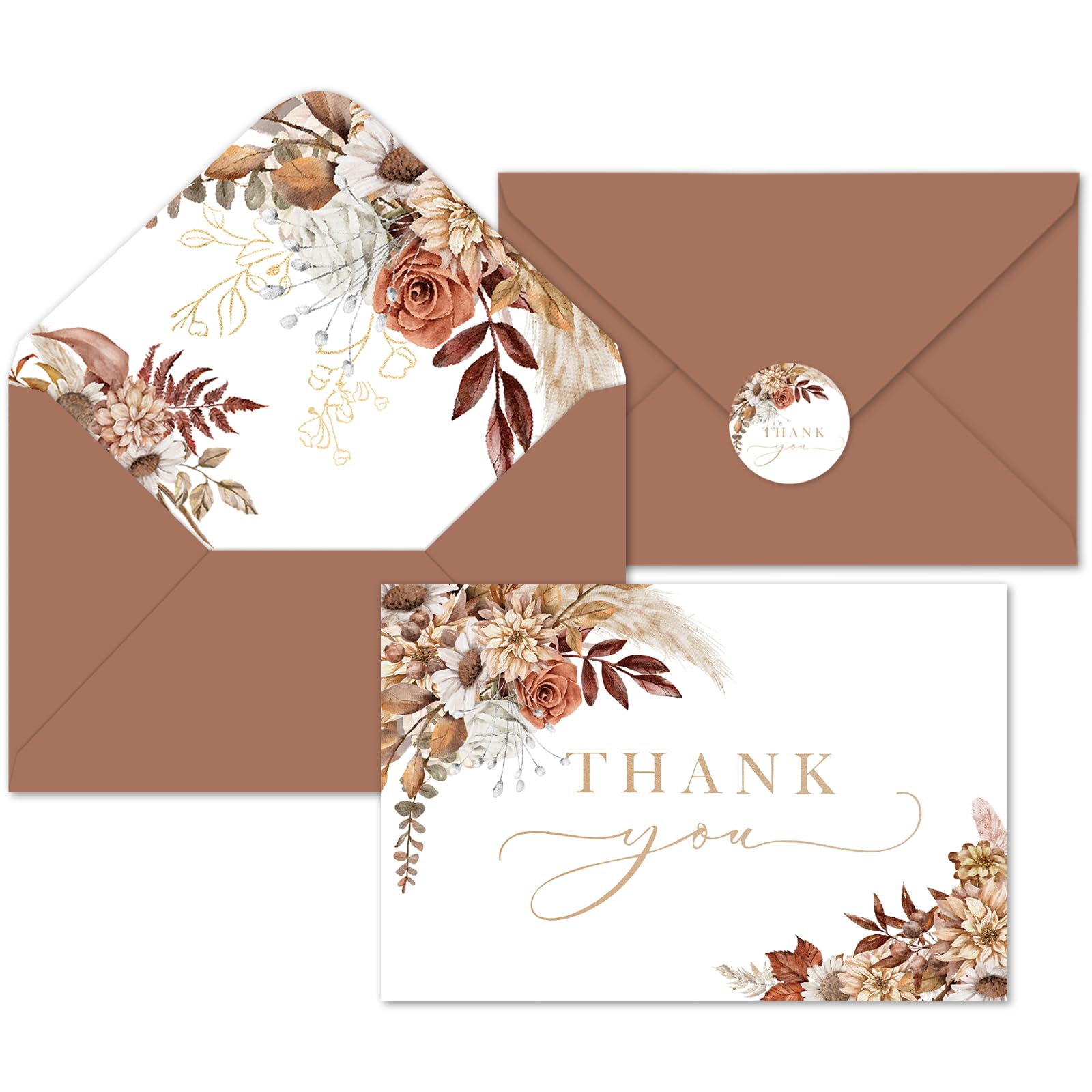 Whaline 50 Pack Boho Floral Thank You Cards Boxed Retro Flower Note Cards with Envelopes Stickers Fall Blank Cards for Thanksgiving Bridal Shower Baby Shower Wedding Supplies, 4 x 6 Inch