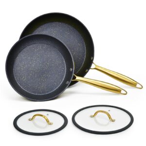 mojire frying pan set nonstick with lids, 2-piece non stick granite skillet with golden steel handle chef's pan (9.5 inch + 11 inch)