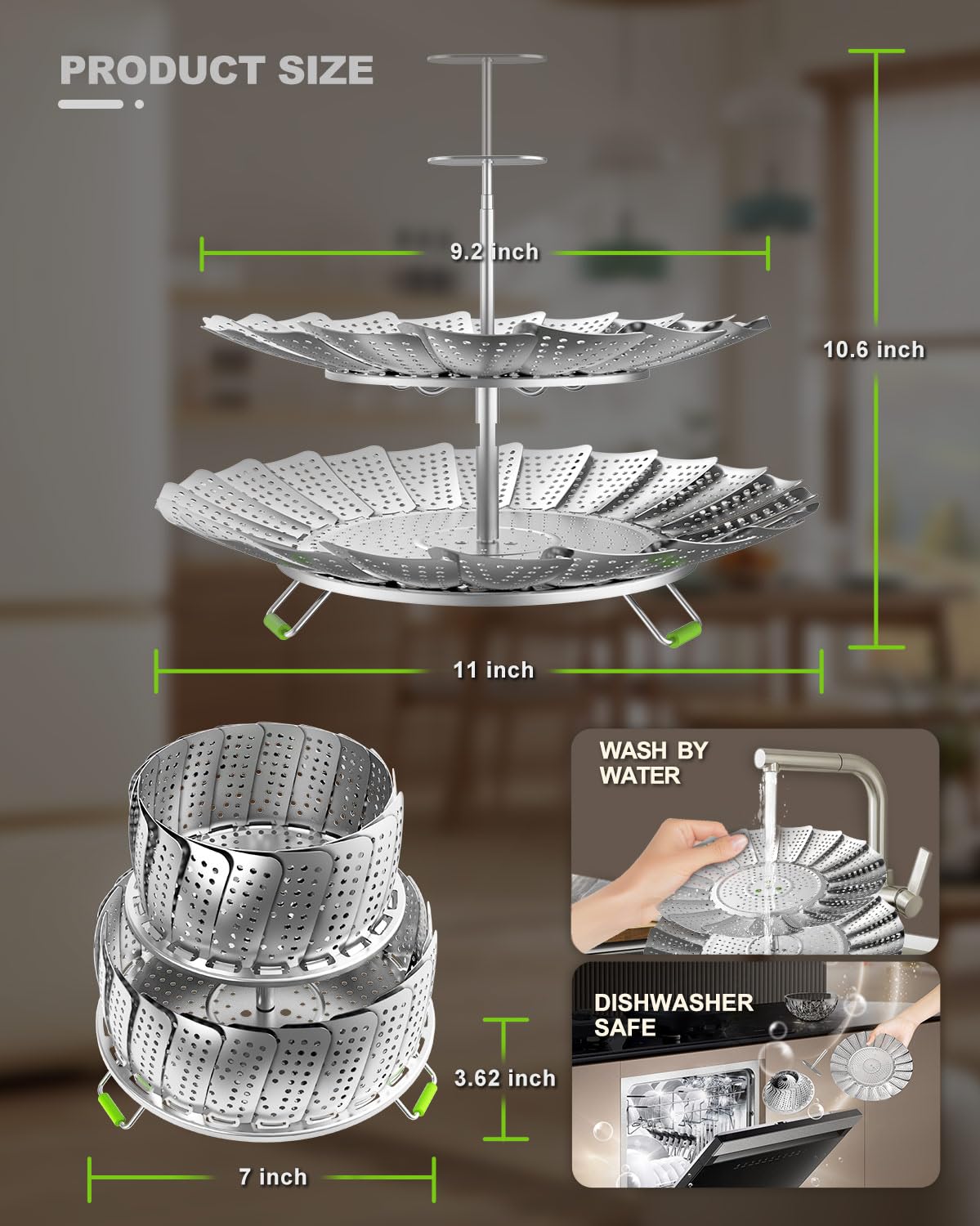 LANVIYA Vegetable Steamer Basket,2 Layer Large Capacity Food Steamer for Cooking,Stainless Steel Folding Expandable Steamers to Fit Various Size Pot,Multi-function Kitchen Basket for Baby Food