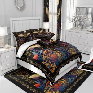 Feelyou Boho Golden Butterfly Duvet Cover 100% Cotton Bohemian Moth Bedding Set for Moon Galaxy On Black Comforter Cover Flower Weed Botanical Bedroom Collection 3Pcs King(No Comforter)