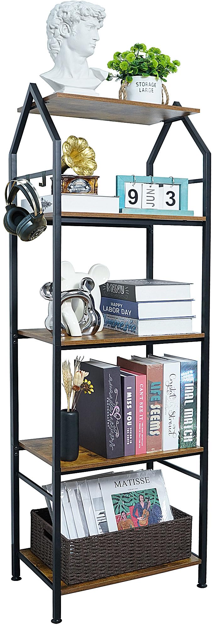 Nijoam 5 Tier Bookshelf, Tall Book Shelf Bookcase, Rustic Bookshelves, Industrial Book case, Freestanding Shelving Unit for Bedroom, Home Office, Living Room, Vintage-Brown