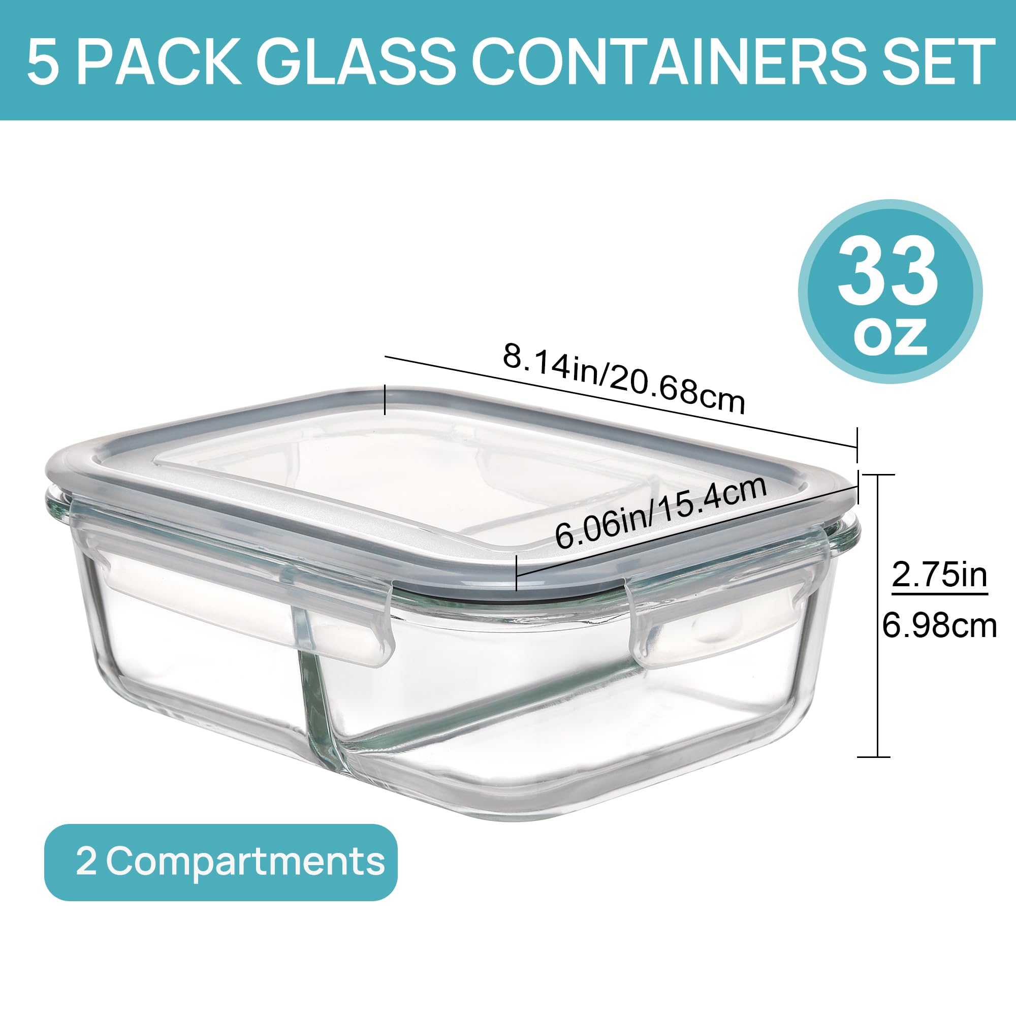 Vtopmart 5 Pack 33oz Glass Food Storage Containers with Lids, Meal Prep Containers 2 Compartments, Airtight Lunch Containers Bento Boxes with Snap Locking Lids for Microwave, Oven, Freezer