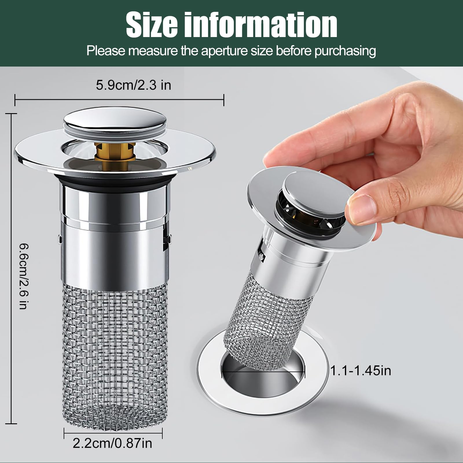 2 Piece Bathroom Sink Drain Filter, Bathroom Sink Sewer Filter, Pop-Up Sink Plug, Stainless Steel Filter Basket Hair Collector for Bathroom Sink Plug Replacement