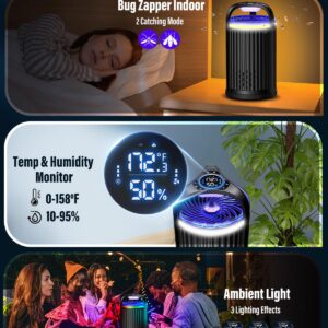 Fly Trap Indoor, 3-in-1 Fruit Fly Trap, Gnat Killer Indoor, Moth Traps - Bug Zapper Indoor with Temperature & Humidity Sensor, Catch Insects Indoors with Suction, Bug Light &10pcs Sticky Glue (Black)