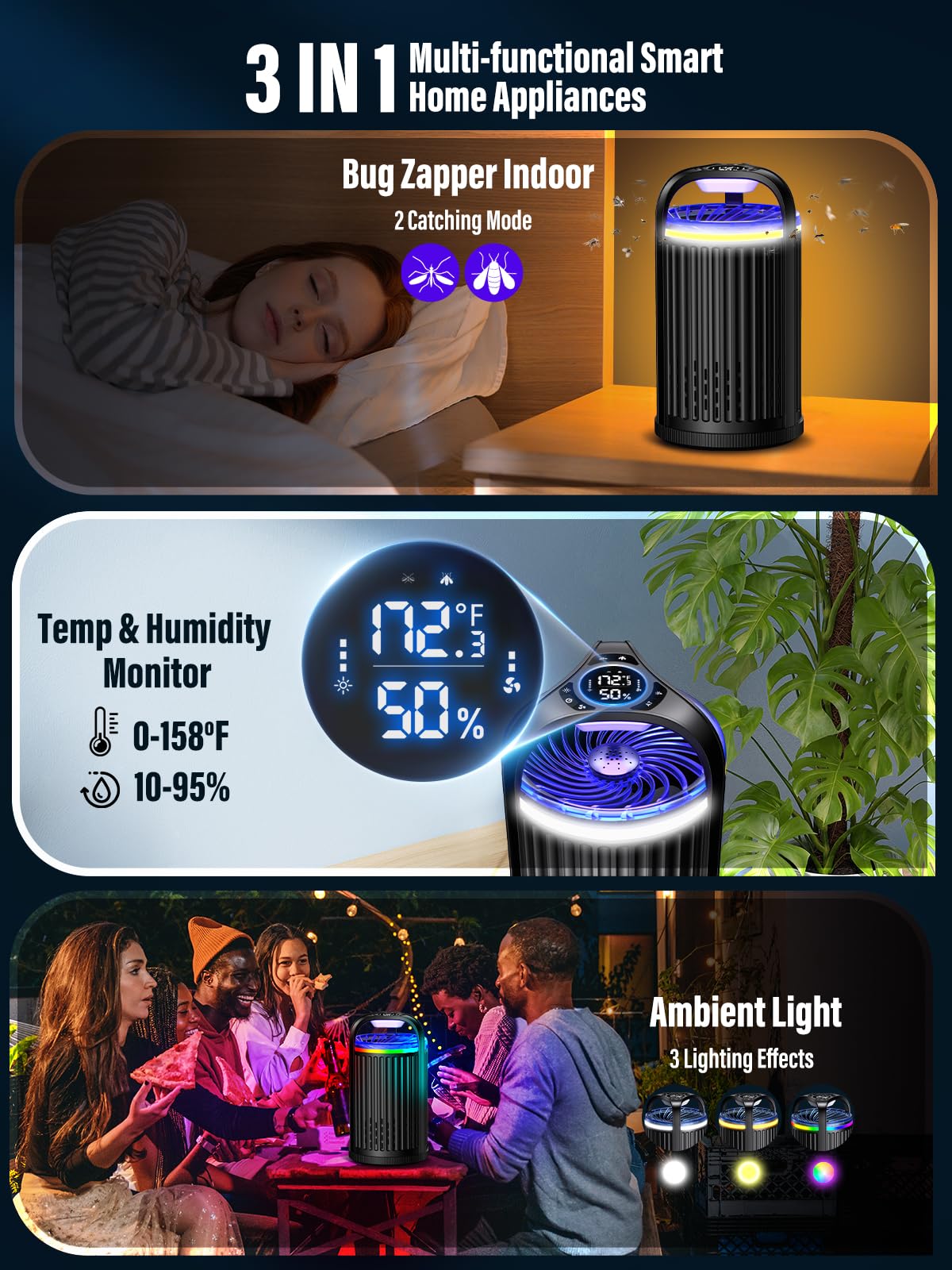 Fly Trap Indoor, 3-in-1 Fruit Fly Trap, Gnat Killer Indoor, Moth Traps - Bug Zapper Indoor with Temperature & Humidity Sensor, Catch Insects Indoors with Suction, Bug Light &10pcs Sticky Glue (Black)