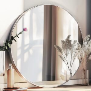 sunniry silver round mirror, round mirror 24 inch, round bathroom mirror, silver circle mirror metal frame, round mirrors for living room, bathroom, wall, hallway.