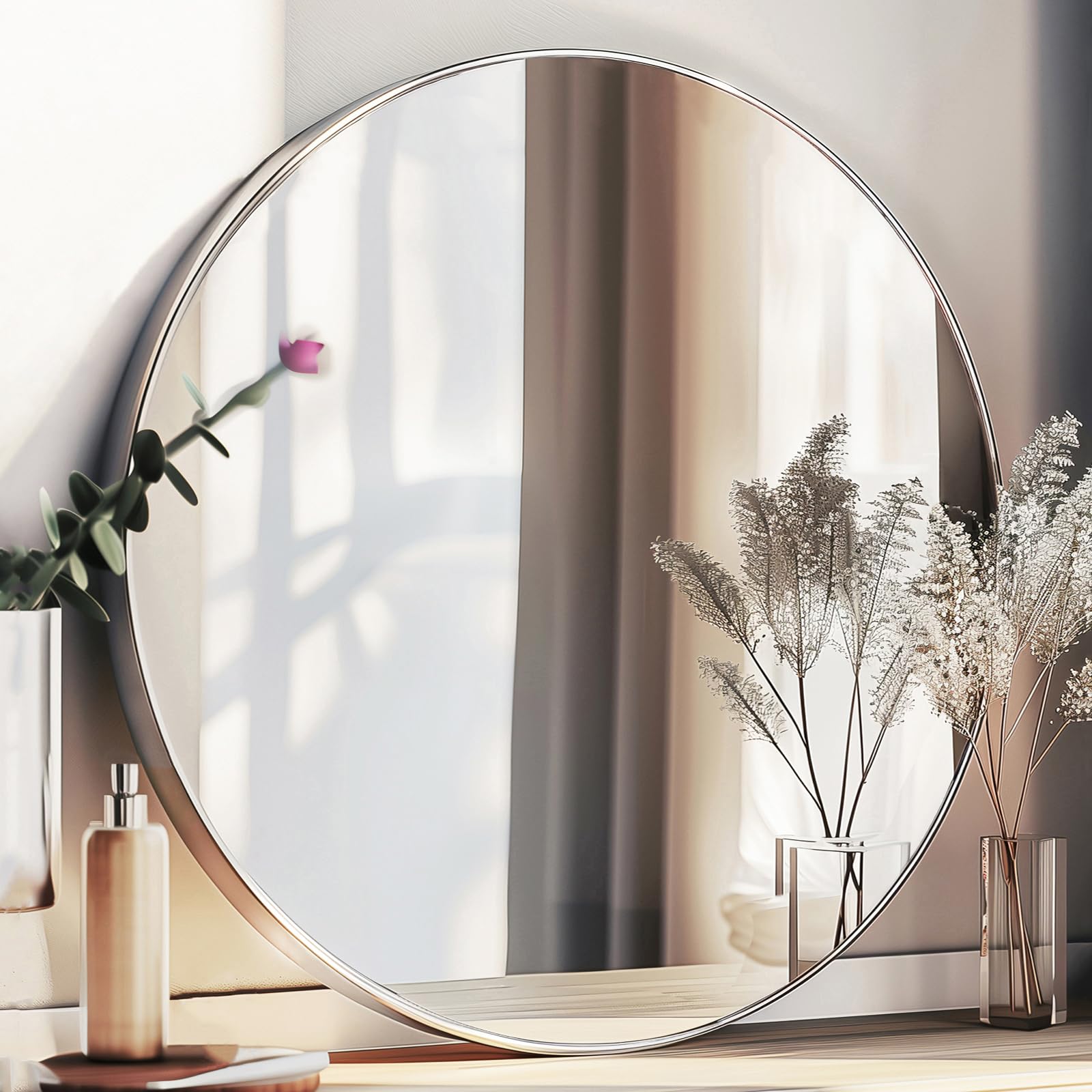 Sunniry Silver Round Mirror, Round Mirror 24 inch, Round Bathroom Mirror, Silver Circle Mirror Metal Frame, Round Mirrors for Living Room, Bathroom, Wall, Hallway.