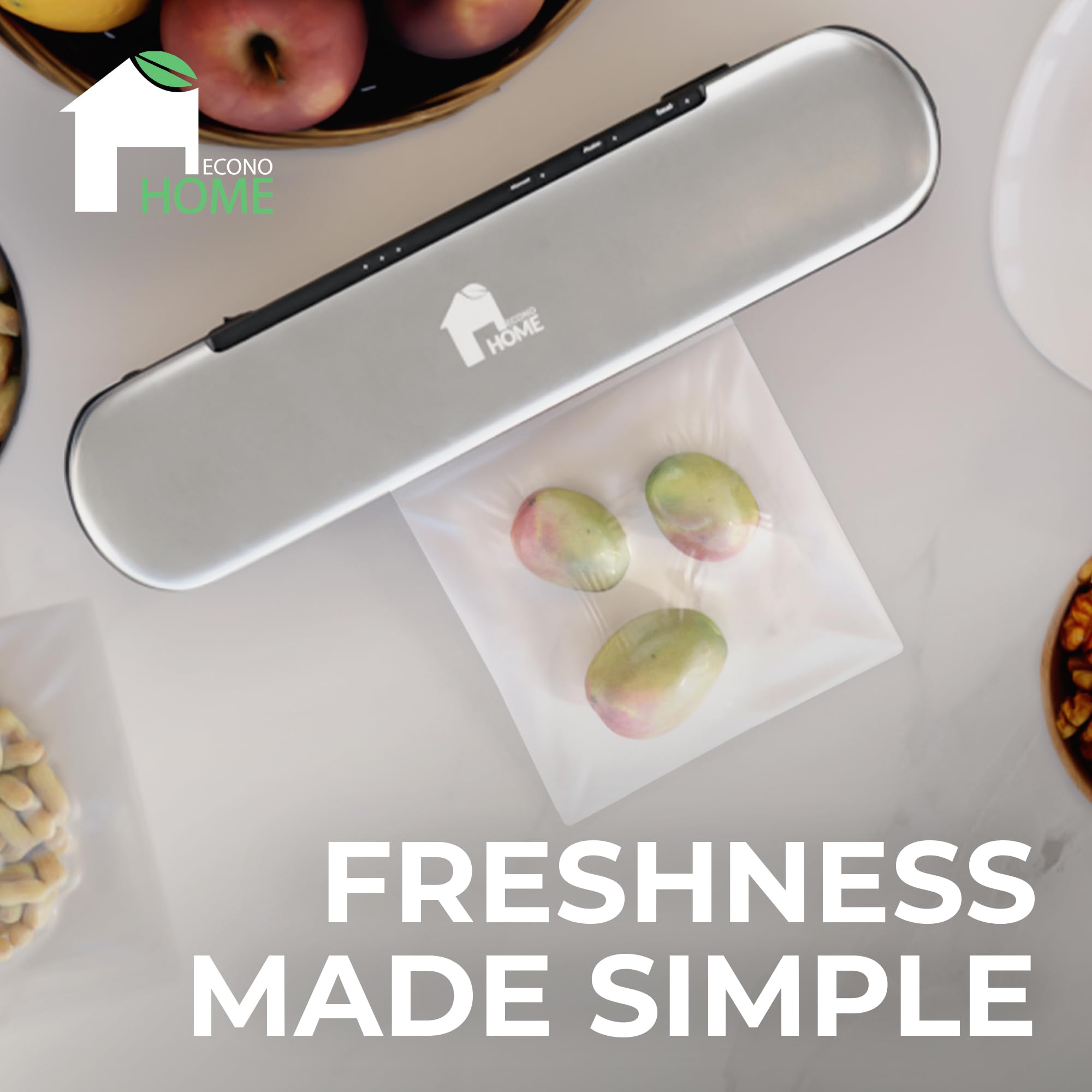 EconoHome Cordless Food Vacuum Sealer Machine - Rechargeable & Portable Sous Vide Vacuum Sealer with Built-In Cutter - Seals in 10 Seconds - 11.8" Width with 3 Sealing Modes & 1 Bag Roll 77" x 11"