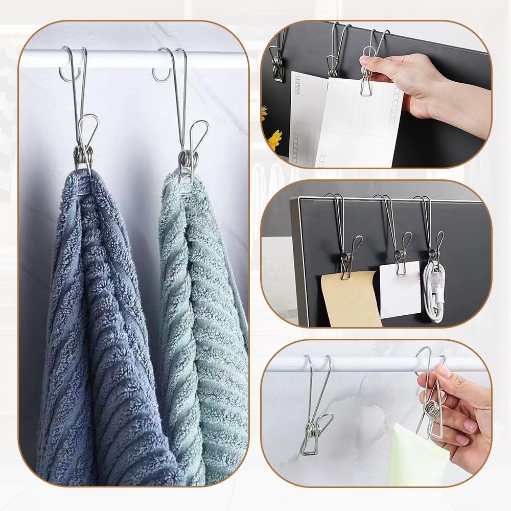 Stainless Steel Metal Long Tail Clip with Hooks, 2024 New Stainless Steel Clothespins with Hooks, Hanging Clips for Offices, Upgrade Extra Large Clothes Pins Metal Clips for Bathrooms (20)