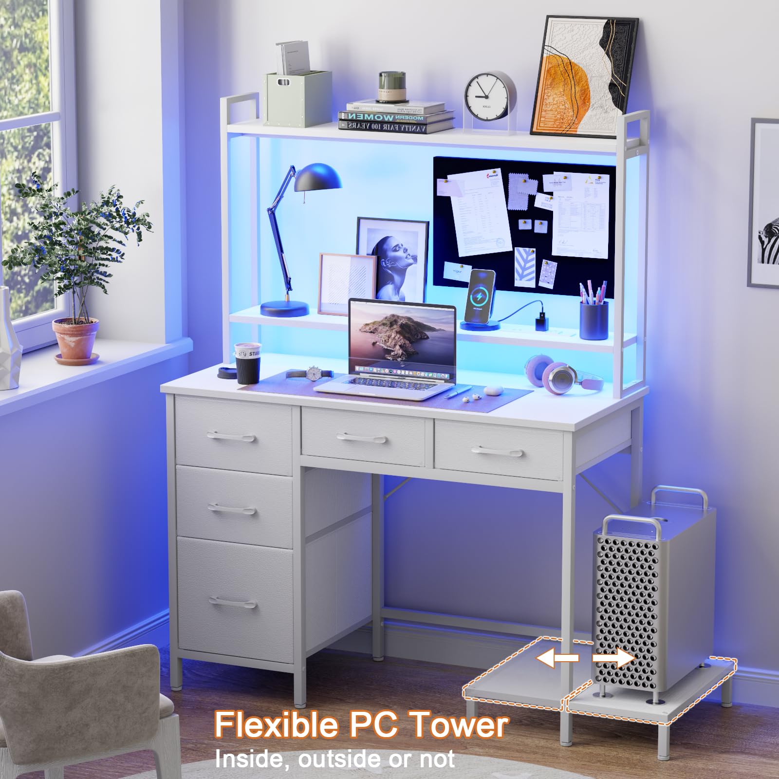 Korfile Computer Desk with Hutch, White Gaming Desk with Power Outlets & LED Light & 5 Fabric Drawers, Home Office Desk with 2 Tiers Storage Shelves for Display, 39" Small Table for Bedroom