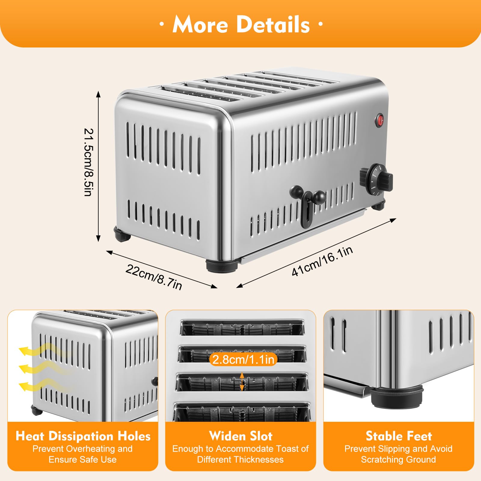 6 Slice Toaster with 5 Bread Shade Settings, Commercial Bread Baking Machine 1.1in Wide Slot, 1680W, 201 Stainless Steel, for Various Bread Types