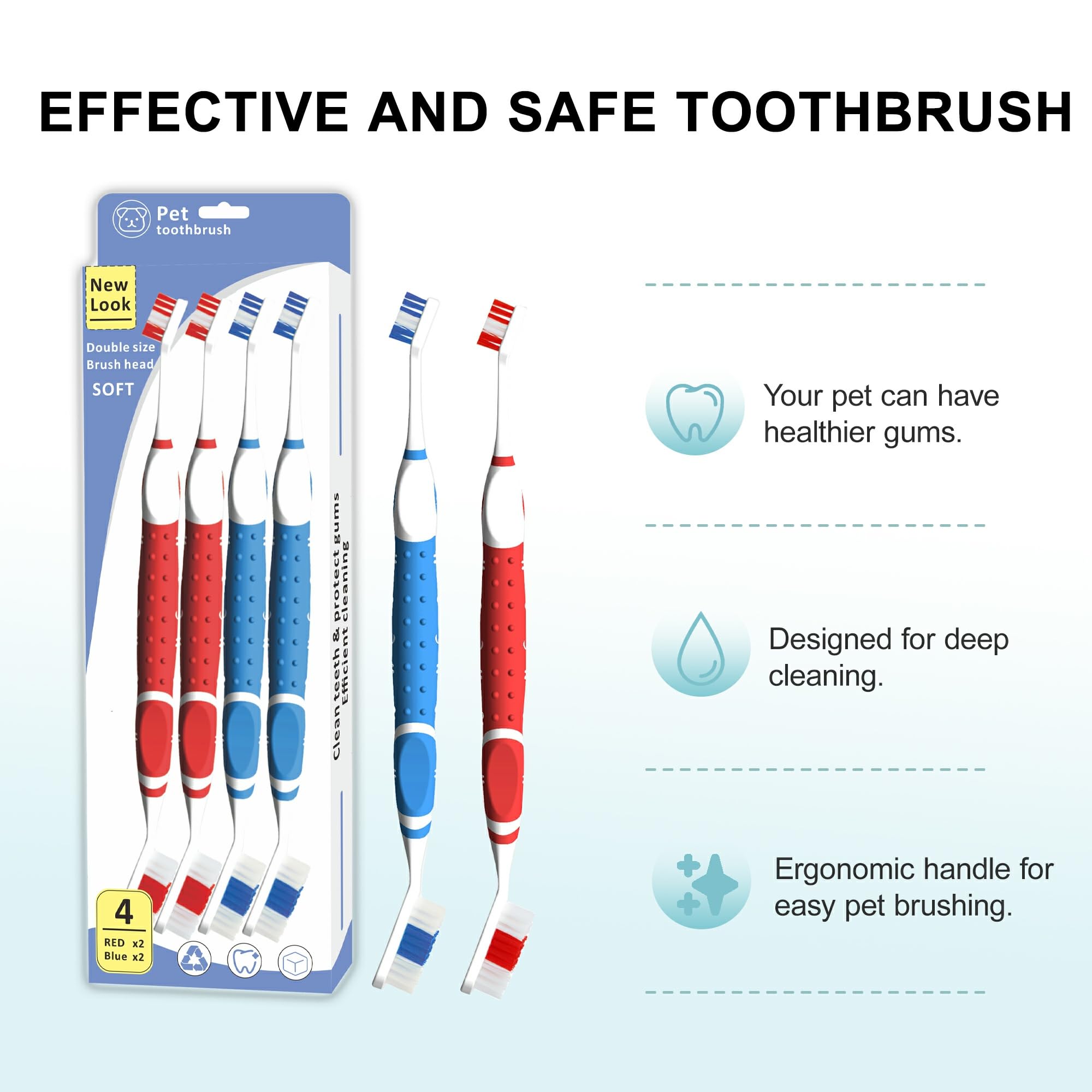 Leoezx™ Professional Pet Toothbrush(4Pcs), Dog & Cat Soft Bristle Double-Sided Brush Head Set, Pet Brushing Teeth to Clean Teeth to Reduce Tartar Buildup, Pet Dental Care Essentials