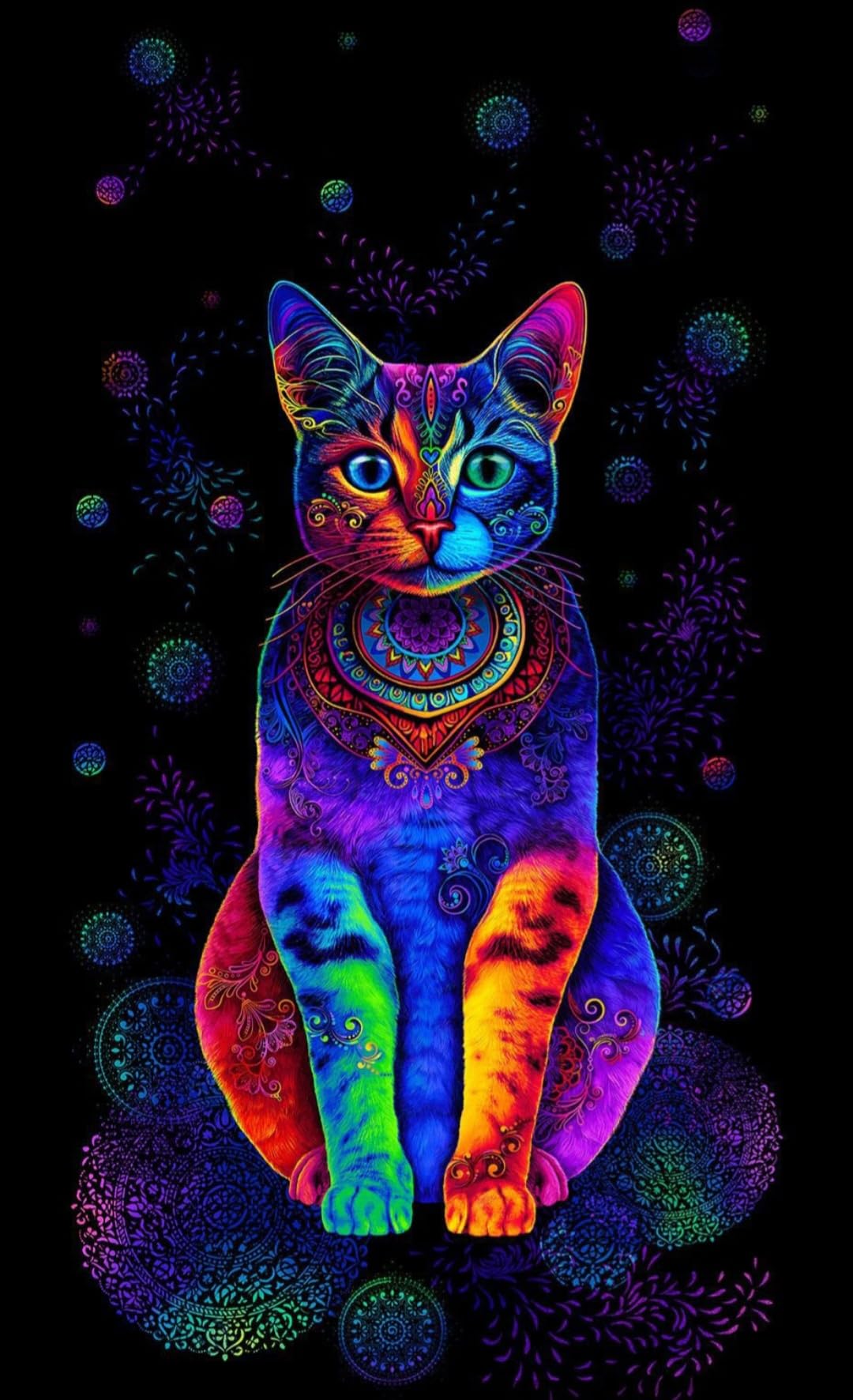 Wild Cat by Timeless Treasures Rainbow Cat on Black Cotton Fabric Quilt Panel 24"" x 44"", CD3036-MULTI