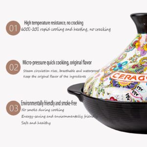 Handmade Clay Stoneware Tajine Flower Pattern Moroccan Tagine Pot Enameled Cast Iron Casserole Non Stick Saucepan Exotic Stew Pot with Lid for Cooking and Stew Casserole Slow Cooker