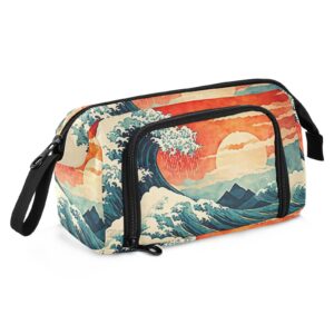 ymgqyj pencil case japanese wave sunset pattern, large capacity stationery organizer pencil pouch bag for office travel 1 pack 9.4x3.7x5.9 in