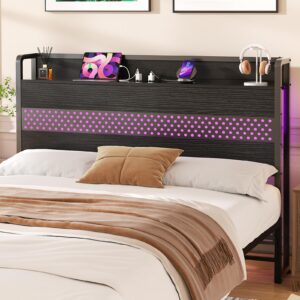 aheaplus headboard for full size bed with usb ports, outlets and led lights, full headboard with storage shelf, sturdy metal frame, height adjustable, bed frame mount, black