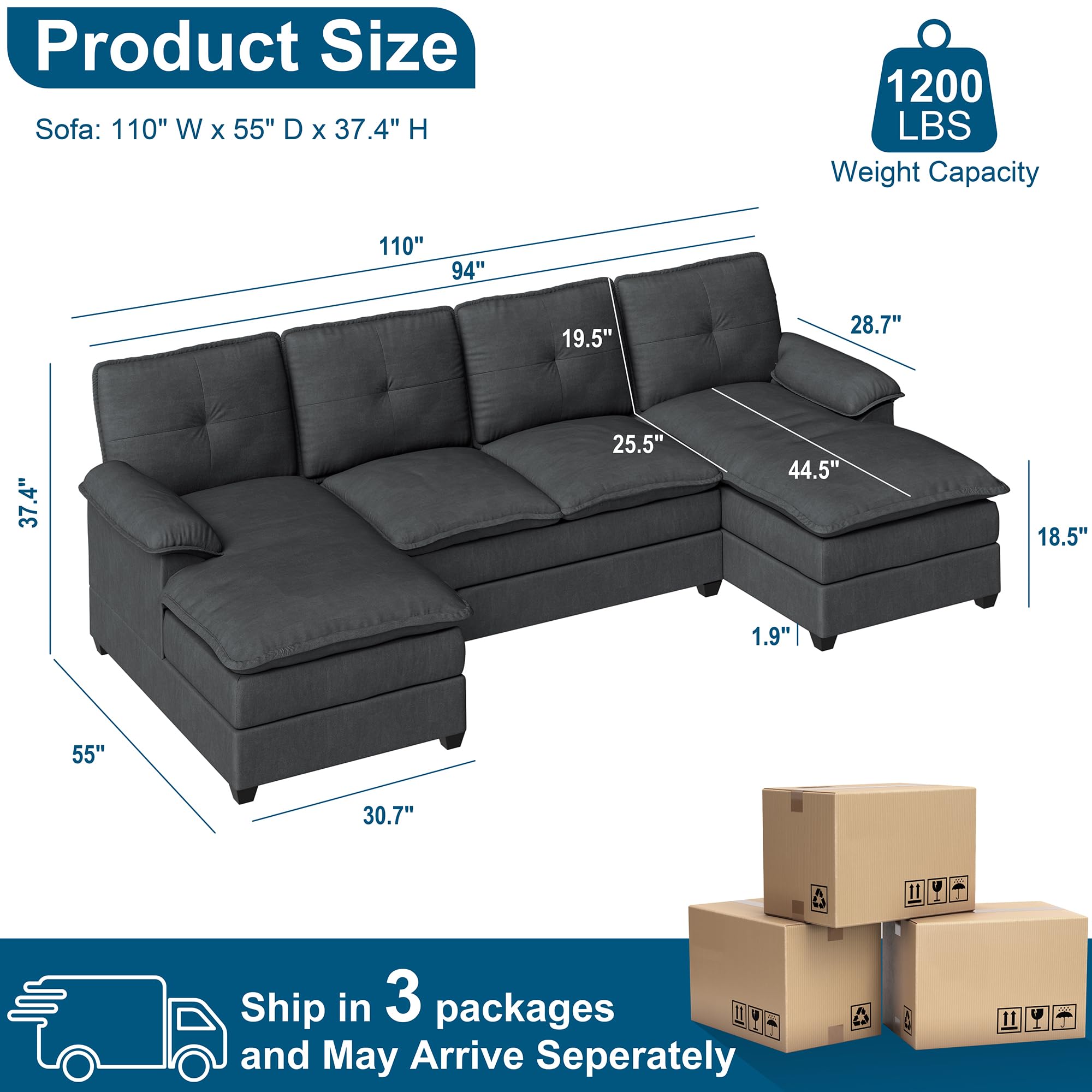 SUNLEI 110" U-Shaped Living Room Furniture Set, 4 Seat Sectional Sofa with Double Chaise for Apartment, Modern Fabric Modular Couch Sleeper for Living Room, Black