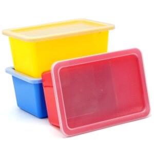 4e's novelty plastic storage bins with lids, 5 qt, 3 pack, colorful plastic cubby storage bins, stackable organizer cubbies for classroom or home (11.4" x 7.75" x 5")