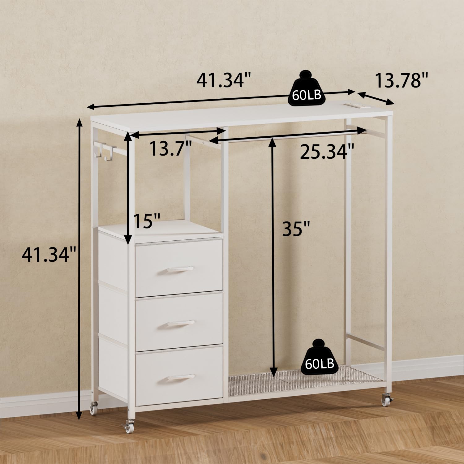 LAKEMID Dresser with Hanging Rack, Cute Wardrobe Dresser with Charging Station and LED Lights, White Dresser with 3 Drawers and 2 Tier Shelves, for Hallway, TV Stand Use