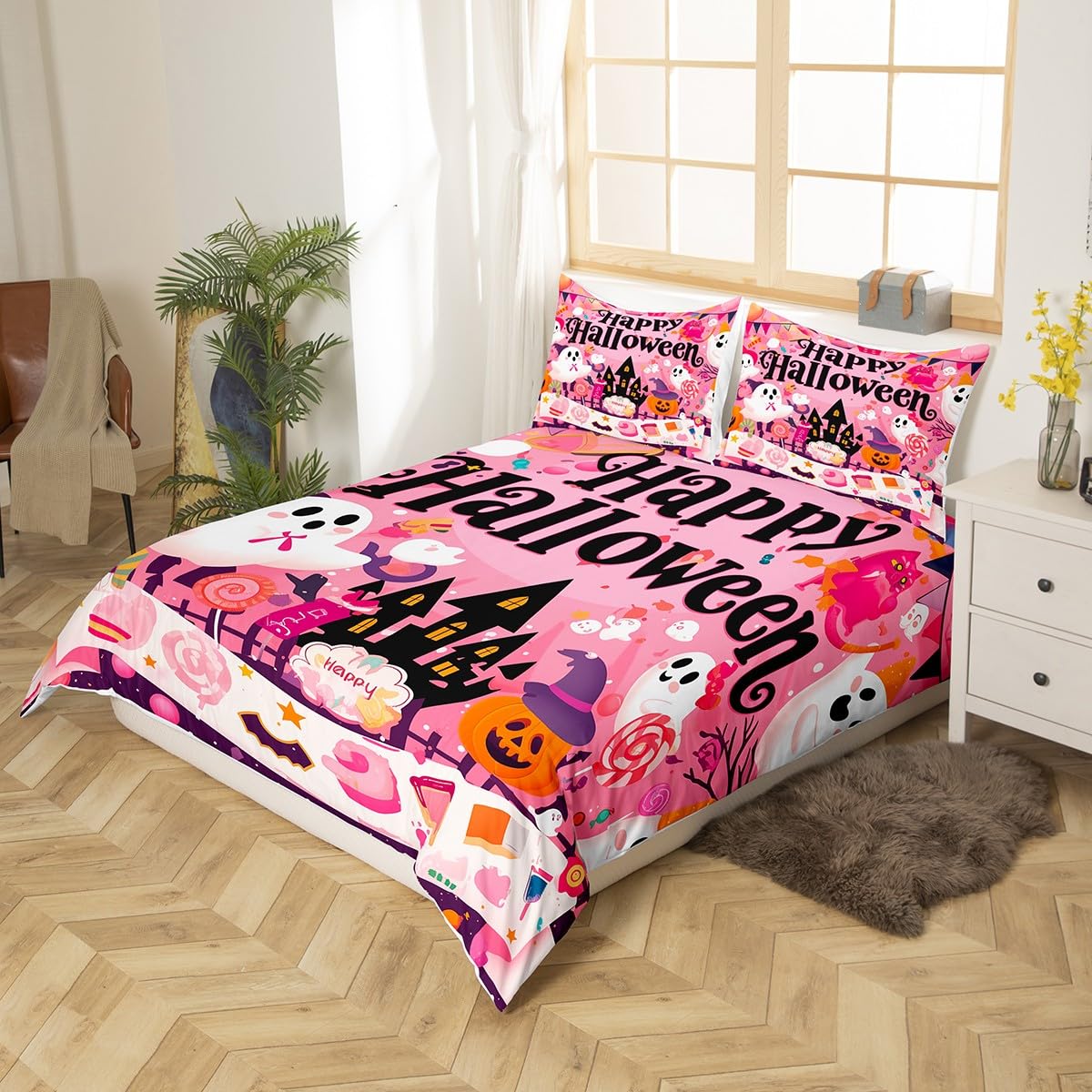 Kawaii Halloween Ghost Duvet Cover Set Full Size,Pink Lovely Cute Ghost Pumpkin Comforter Cover with 2 Pillowcases,Cartoon Dessert Style Happy Holiday Breathable Quilt Cover Set(Not Comforter)