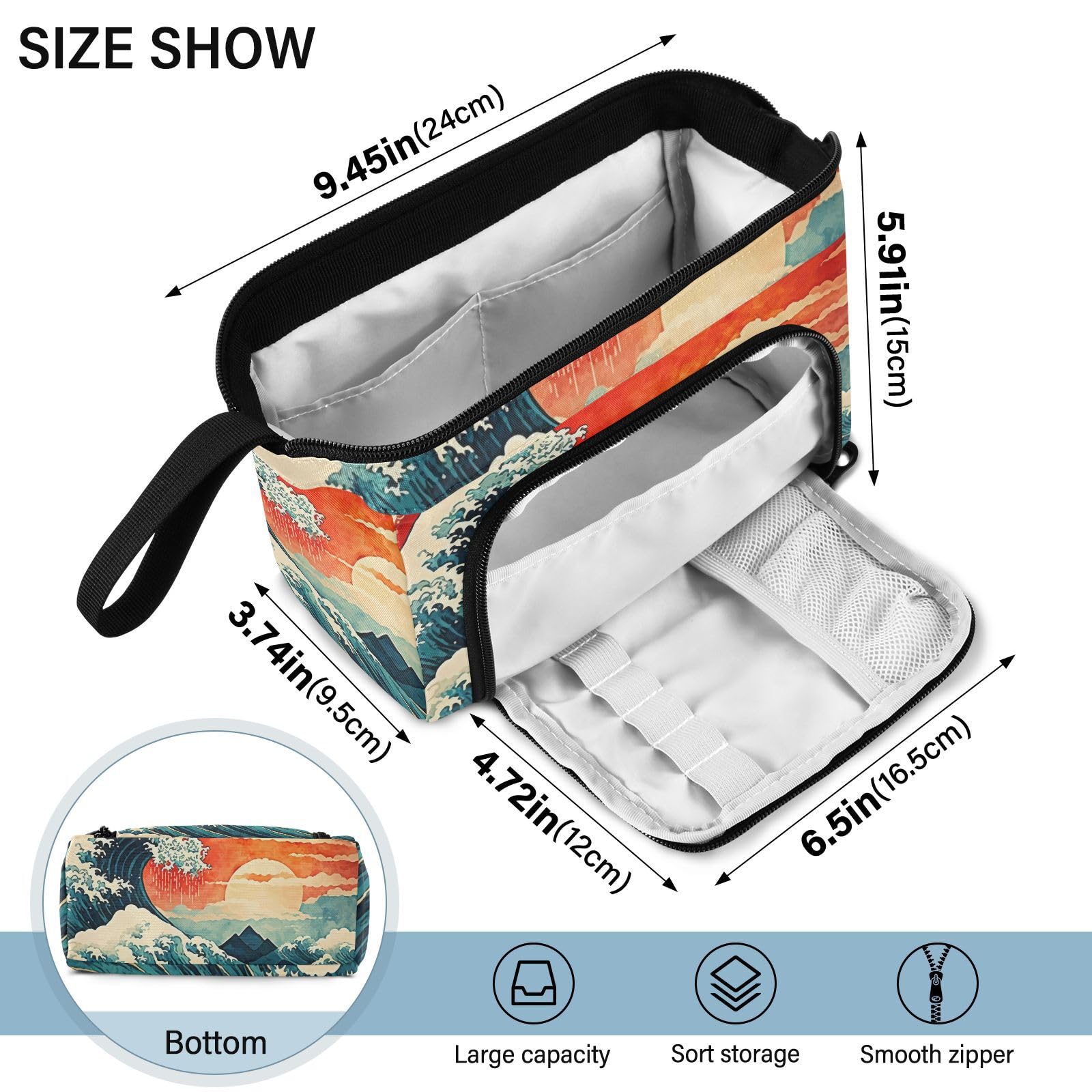 YMGQYJ Pencil Case Japanese Wave Sunset Pattern, Large Capacity Stationery Organizer Pencil Pouch Bag for Office Travel 1 Pack 9.4x3.7x5.9 in