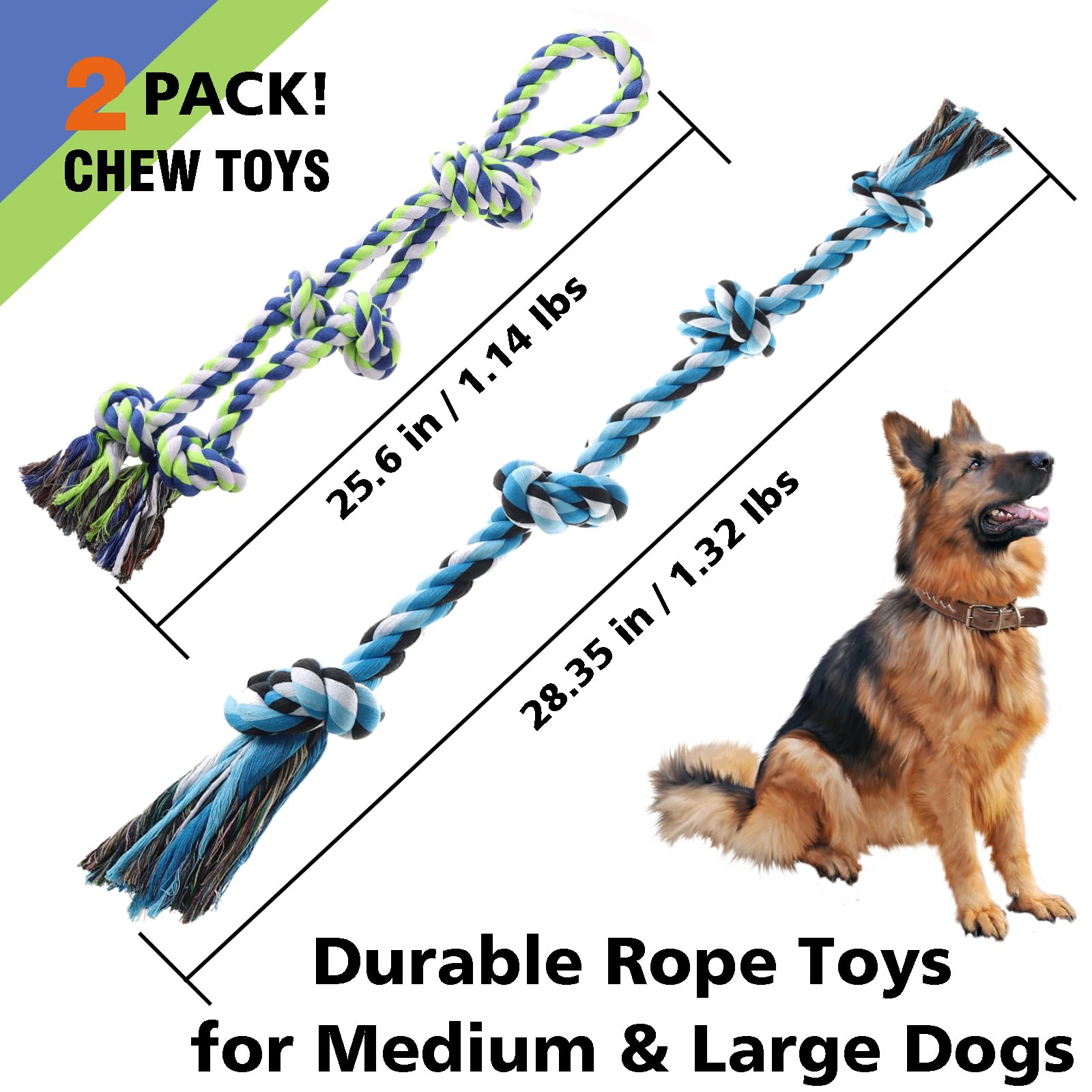 Kwispel Rope Toy for Dogs, 2 Pack Large Dog Rope Toys for Aggressive Chewers, Heavy Duty Dog Toys for Large Medium Breed, Indestructible Tough Rope Chew Toys Tug of War Dog Toy Teeth Cleaning