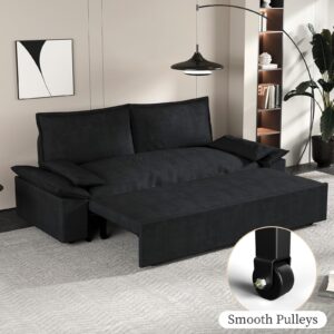 Rovibek Convertible Sofa Bed Pull Out 3 in 1 Sleeper Sofa Couch Bed Queen Size Loveseat Sleeper Chaise Lounge Futon Velvet 2 Seat for Living Room Apartment Small Space, Black