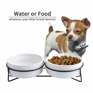 CuteNest Elevated Dog Bowl Iron Frame 6-inch Ceramic Dog or Cat Food and Water Bowls Dual Feeder for Adult Cat or Medium Dog, Non-Slip Base (Double Bowl with Stand - White, 6“)