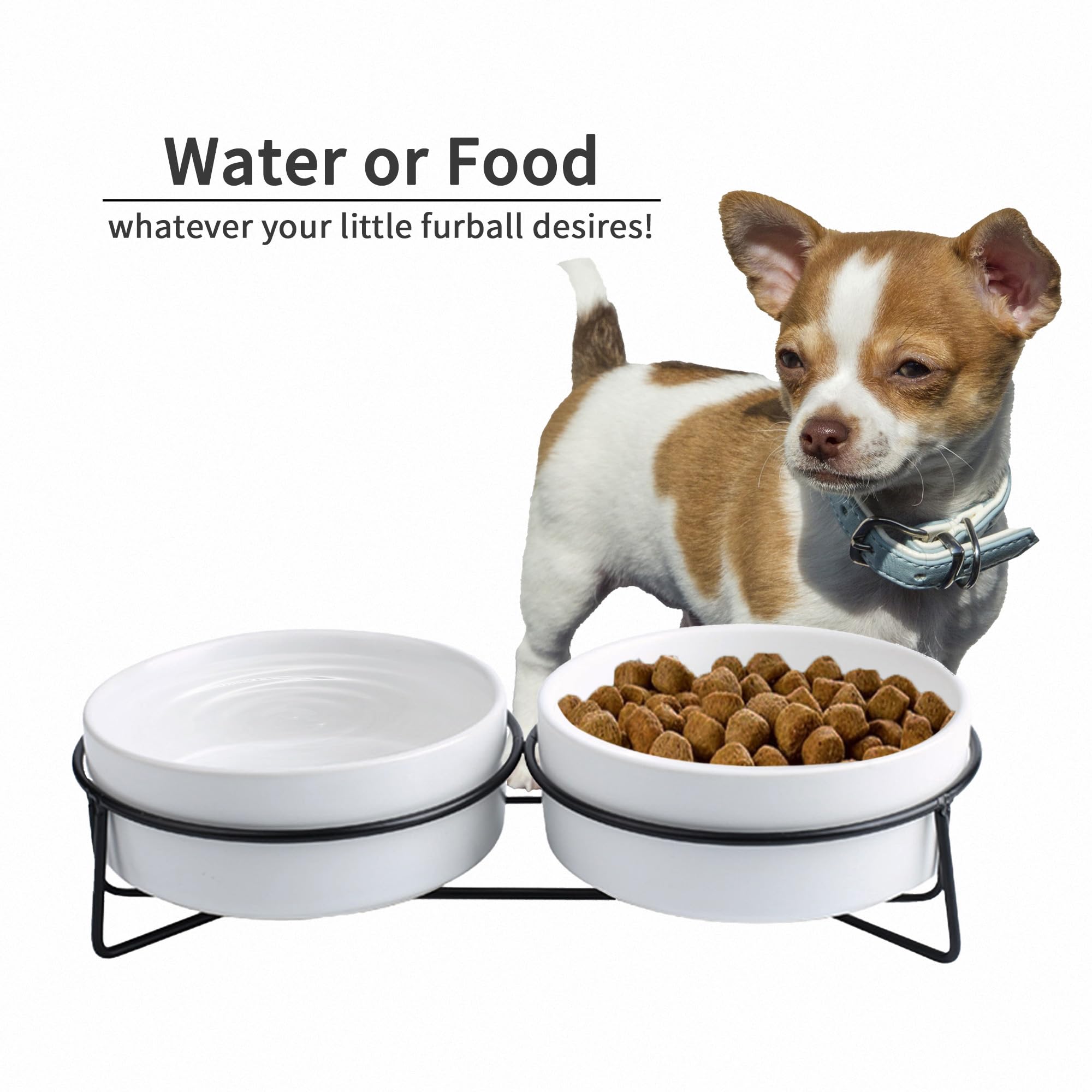 CuteNest Elevated Dog Bowl Iron Frame 6-inch Ceramic Dog or Cat Food and Water Bowls Dual Feeder for Adult Cat or Medium Dog, Non-Slip Base (Double Bowl with Stand - White, 6“)