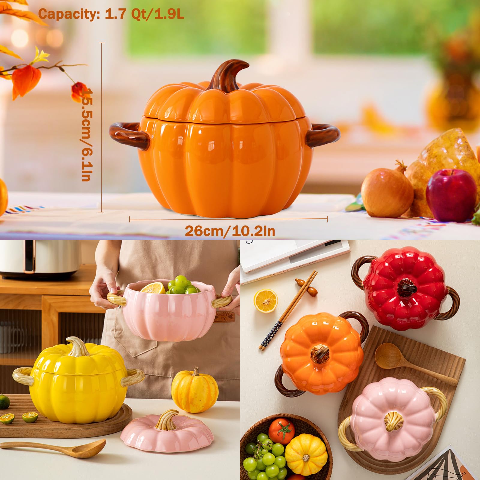 Dutch Oven Pot with Lid, 1.7 Quarts Cute Ceramic Pumpkin Bowl Mini Baking Dish, Dessert Saucepan with Double Handle, Covered Stockpot Pottery Casserole, Halloween Thanksgiving Decor (Orange)